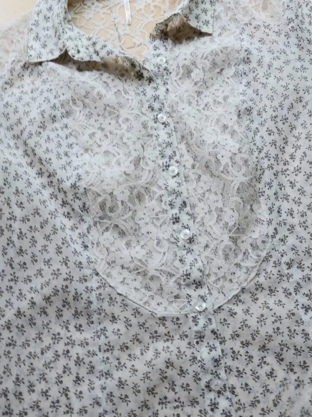 FREE PEOPLE Women's Sheer Floral Button Up Long Sleeve Lace Inserts Size S